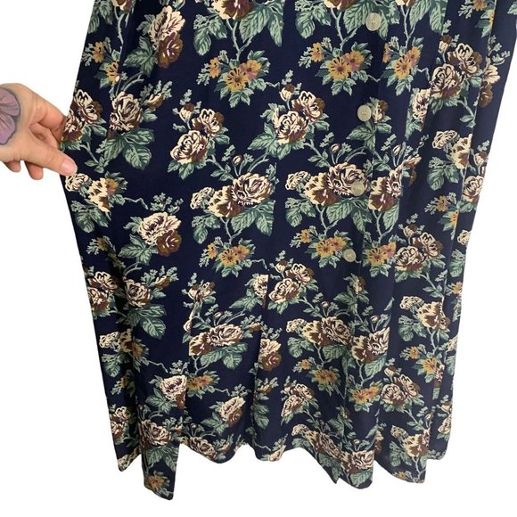 Vintage 90s Navy Blue Floral Long Sleeve Full Length Button Up Dress Medium - Picture 3 of 11